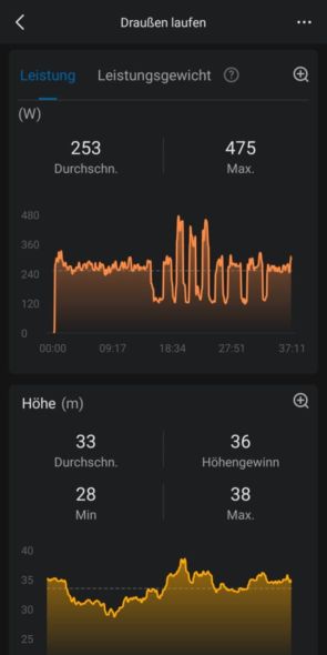 Details of a sporting activity recording in the app